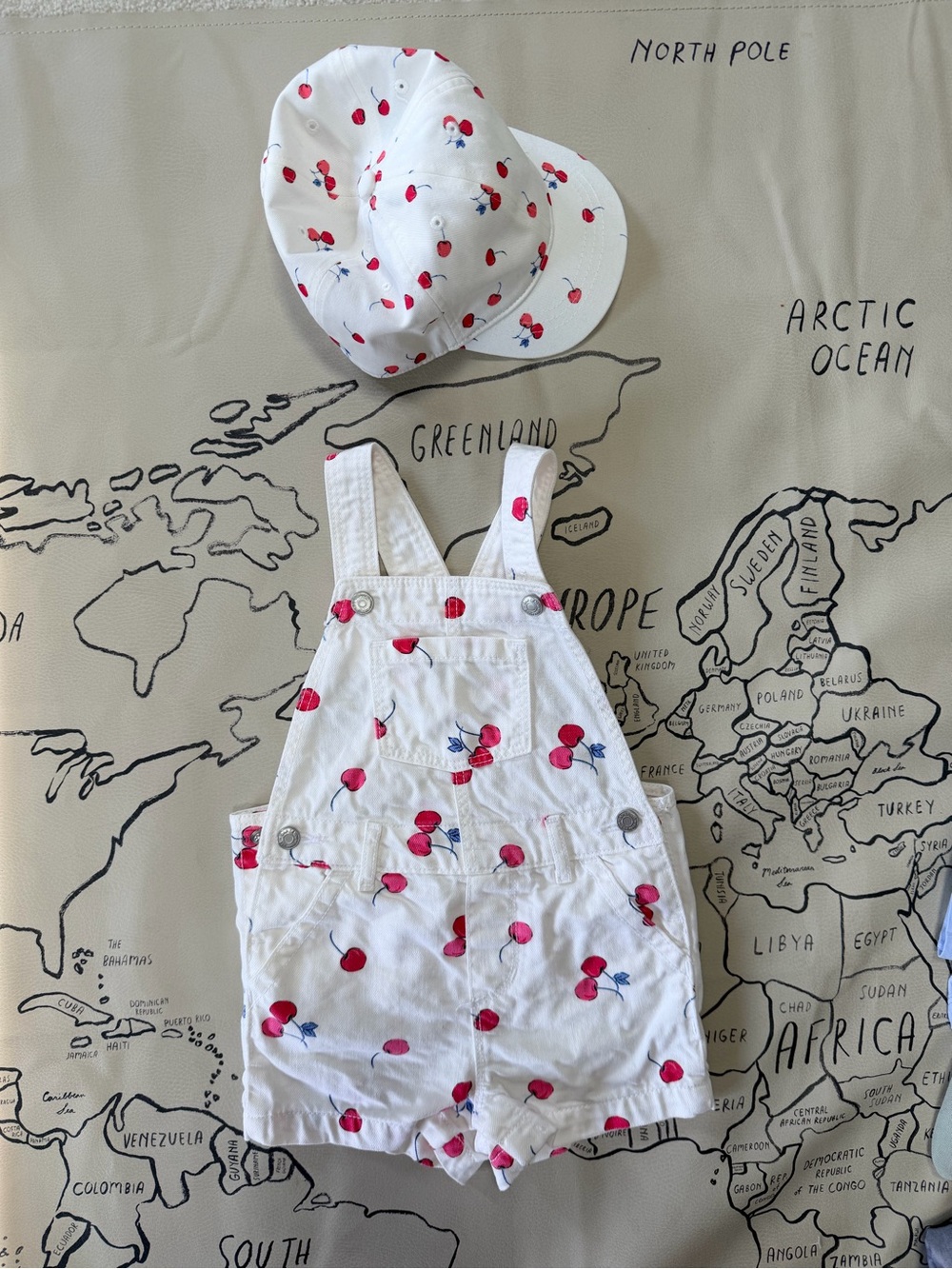 GAP White Cherry Print Kids Short Overalls with Matching Hat